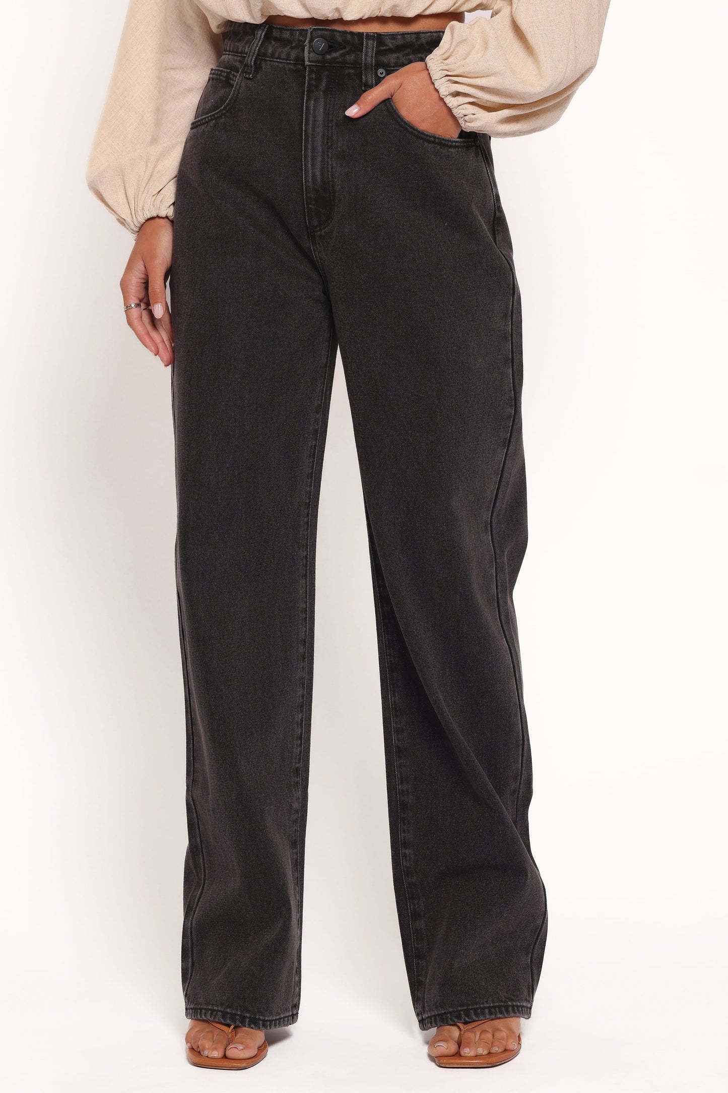 Women's Black High Waist Wide Leg Jeans - Loose Straight Long Pants - Vintage Washed Denim