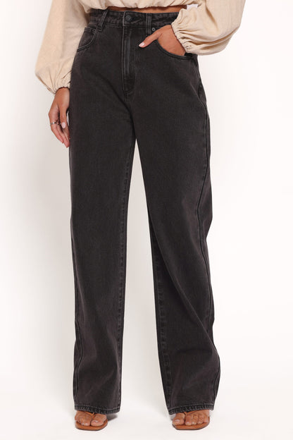 Women's Black High Waist Wide Leg Jeans - Loose Straight Long Pants - Vintage Washed Denim