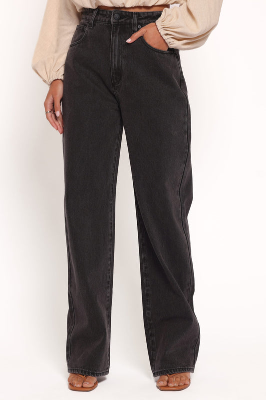 Women's Black High Waist Wide Leg Jeans - Loose Straight Long Pants - Vintage Washed Denim