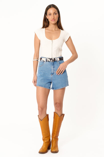 Women's Blue Water Ripple Print Denim Shorts - High Waist Vintage Casual Hot Pants