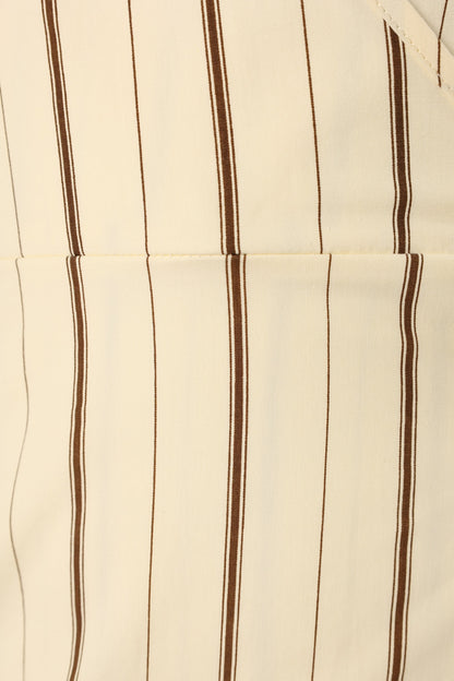 Women's Beige Striped Halter V-Neck Wrap Maxi Dress - Side Slit Vacation Long Dress