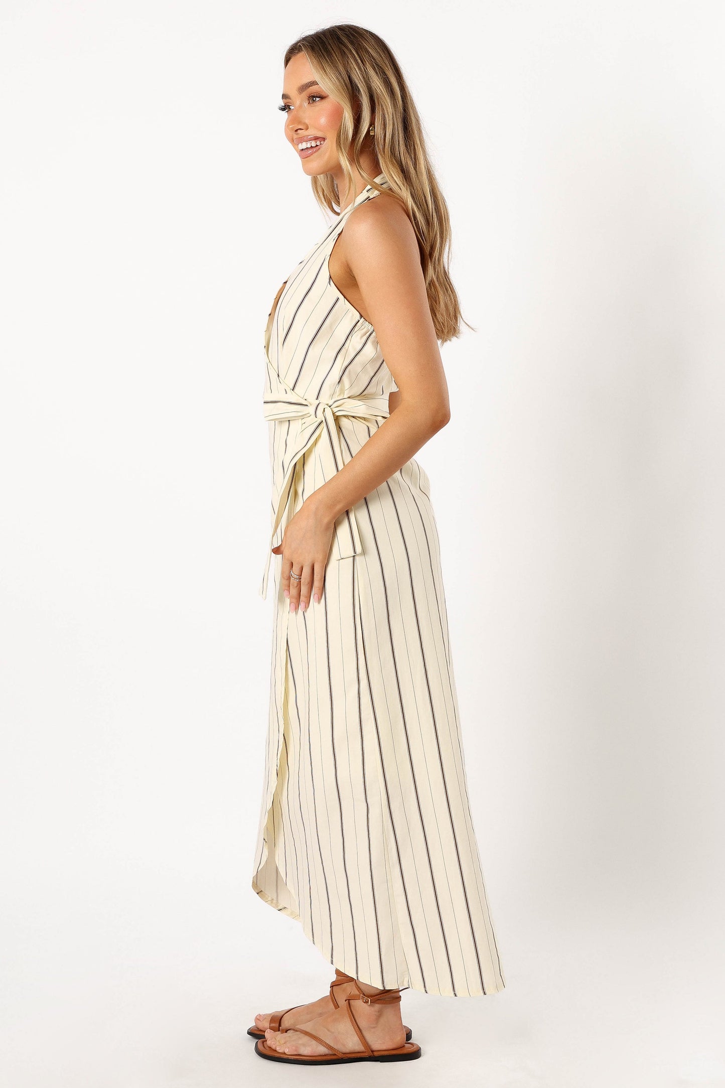 Women's Beige Striped Halter V-Neck Wrap Maxi Dress - Side Slit Vacation Long Dress
