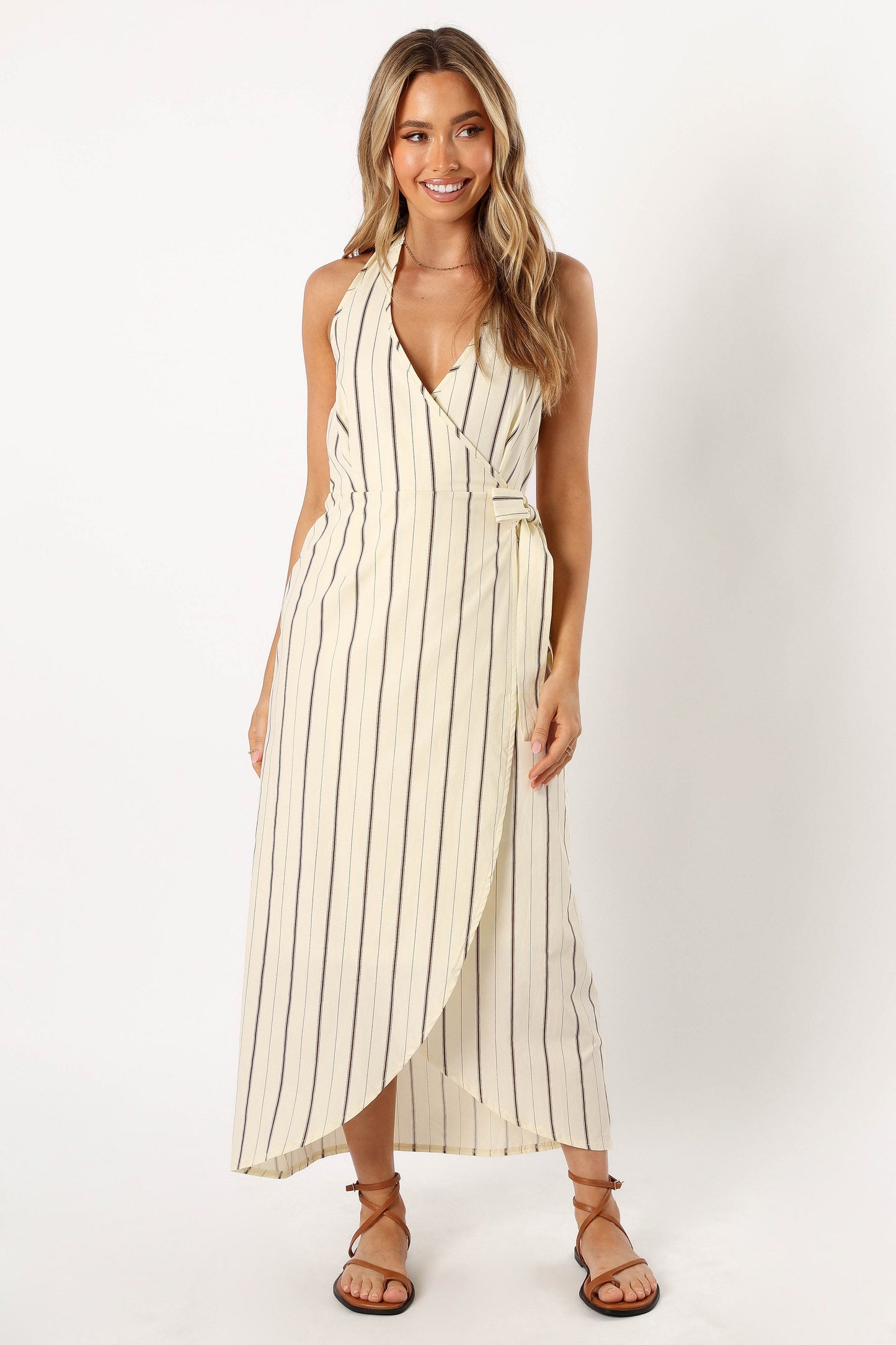 Women's Beige Striped Halter V-Neck Wrap Maxi Dress - Side Slit Vacation Long Dress