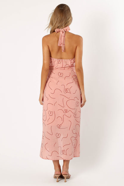 Women's Pink Halter Deep V-Neck Floral Maxi Dress - Slit Vacation Long Dress
