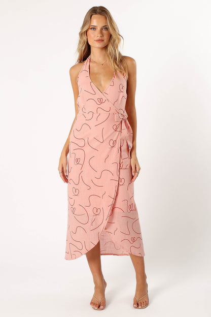 Women's Pink Halter Deep V-Neck Floral Maxi Dress - Slit Vacation Long Dress