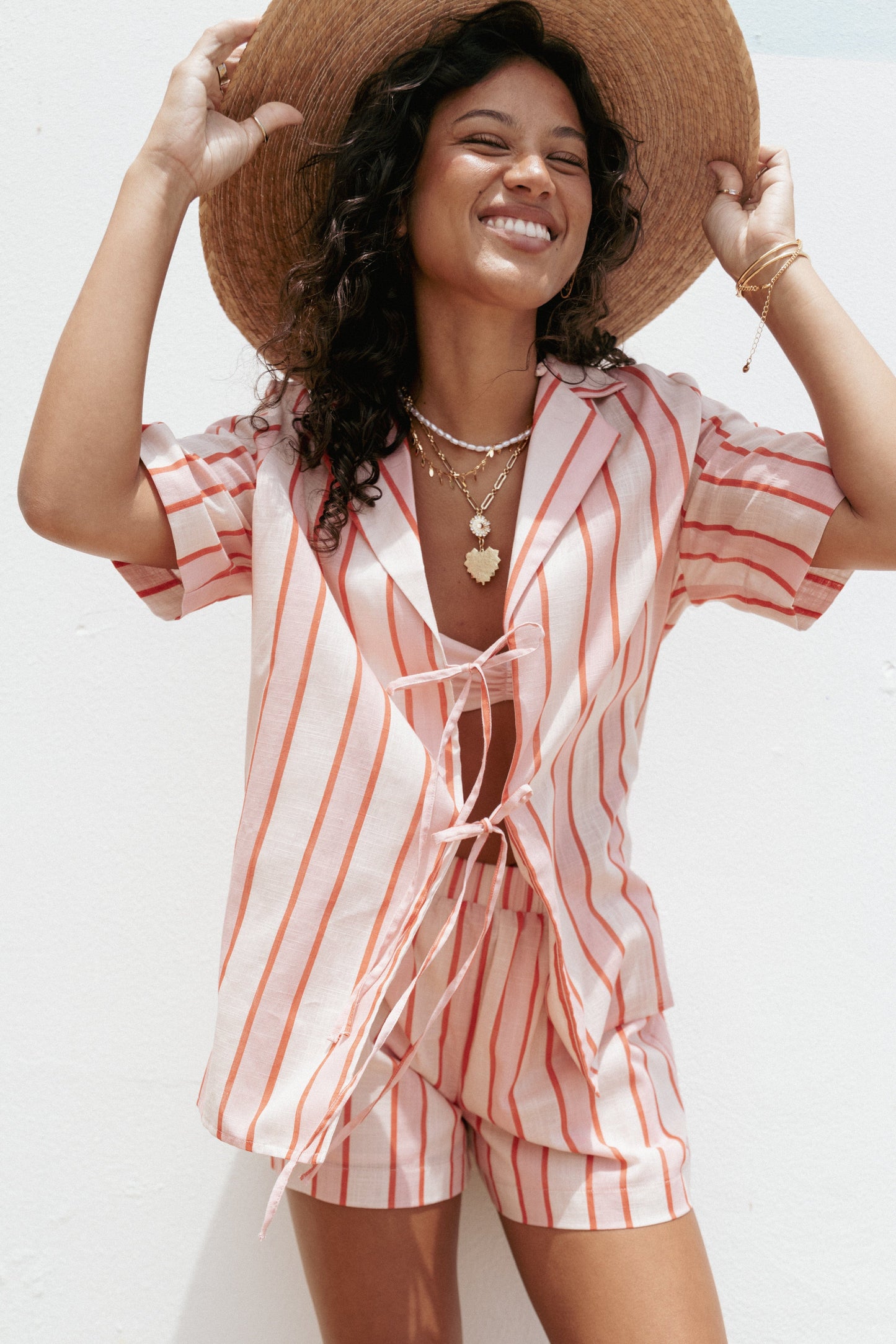 Women's Summer Vacation Striped Short Sleeve Tie-Front Shirt & Shorts 2-Piece Set