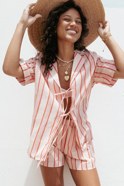 Women's Summer Vacation Striped Short Sleeve Tie-Front Shirt & Shorts 2-Piece Set