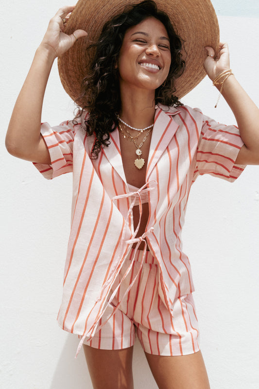 Women's Summer Vacation Striped Short Sleeve Tie-Front Shirt & Shorts 2-Piece Set