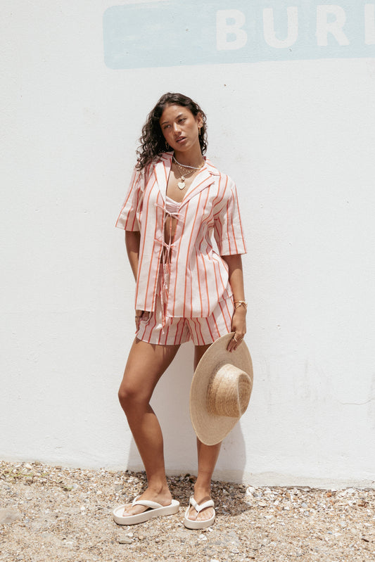Women's Summer Vacation Striped Short Sleeve Tie-Front Shirt & Shorts 2-Piece Set