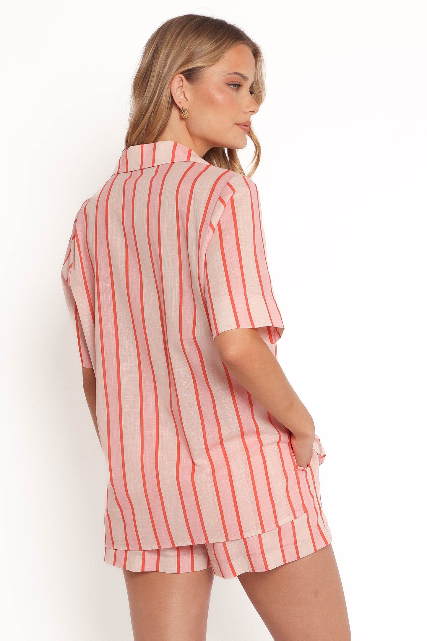 Women's Summer Vacation Striped Short Sleeve Tie-Front Shirt & Shorts 2-Piece Set