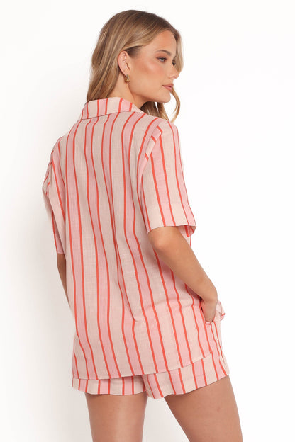 Women's Summer Vacation Striped Short Sleeve Tie-Front Shirt & Shorts 2-Piece Set