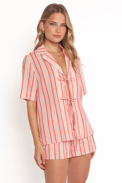 Women's Summer Vacation Striped Short Sleeve Tie-Front Shirt & Shorts 2-Piece Set