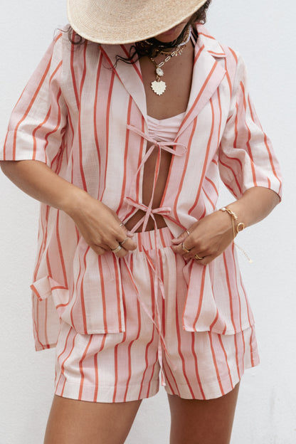 Women's Summer Vacation Striped Short Sleeve Tie-Front Shirt & Shorts 2-Piece Set