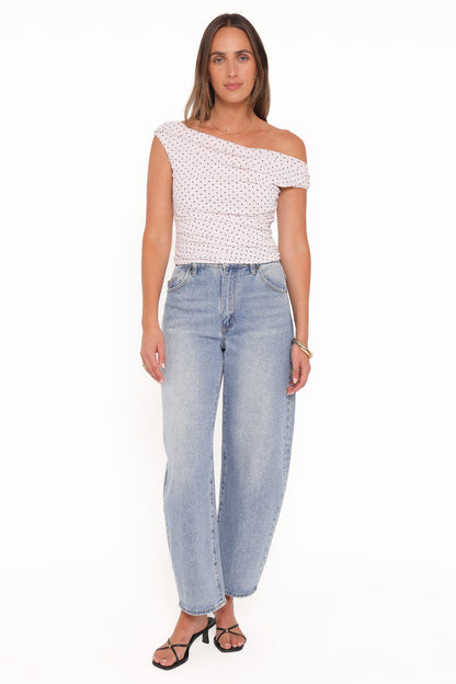 Women's White One-Shoulder Polka Dot Short Sleeve Top - Off-Shoulder Ruched Slim Fit Tee