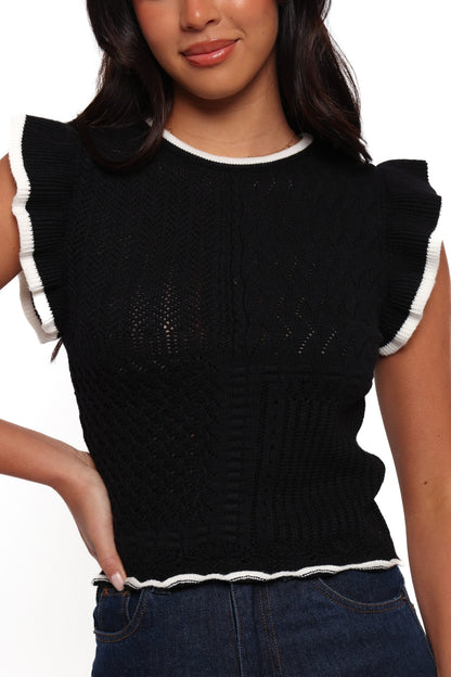 Women's Black Round Neck Ruffle Sleeve Knit Top