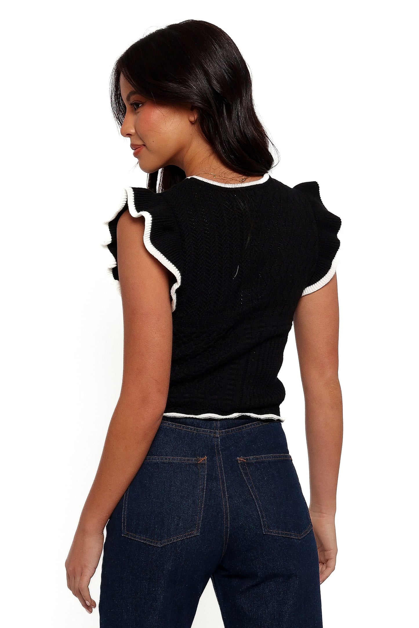 Women's Black Round Neck Ruffle Sleeve Knit Top