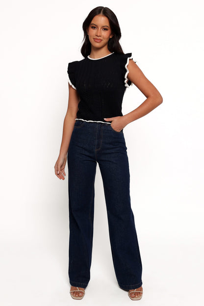 Women's Black Round Neck Ruffle Sleeve Knit Top